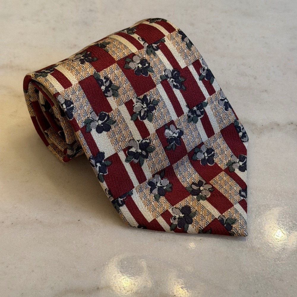 XMI for Nordstrom Silk Tie Red Floral Houndstooth Patchwork Hand Made USA